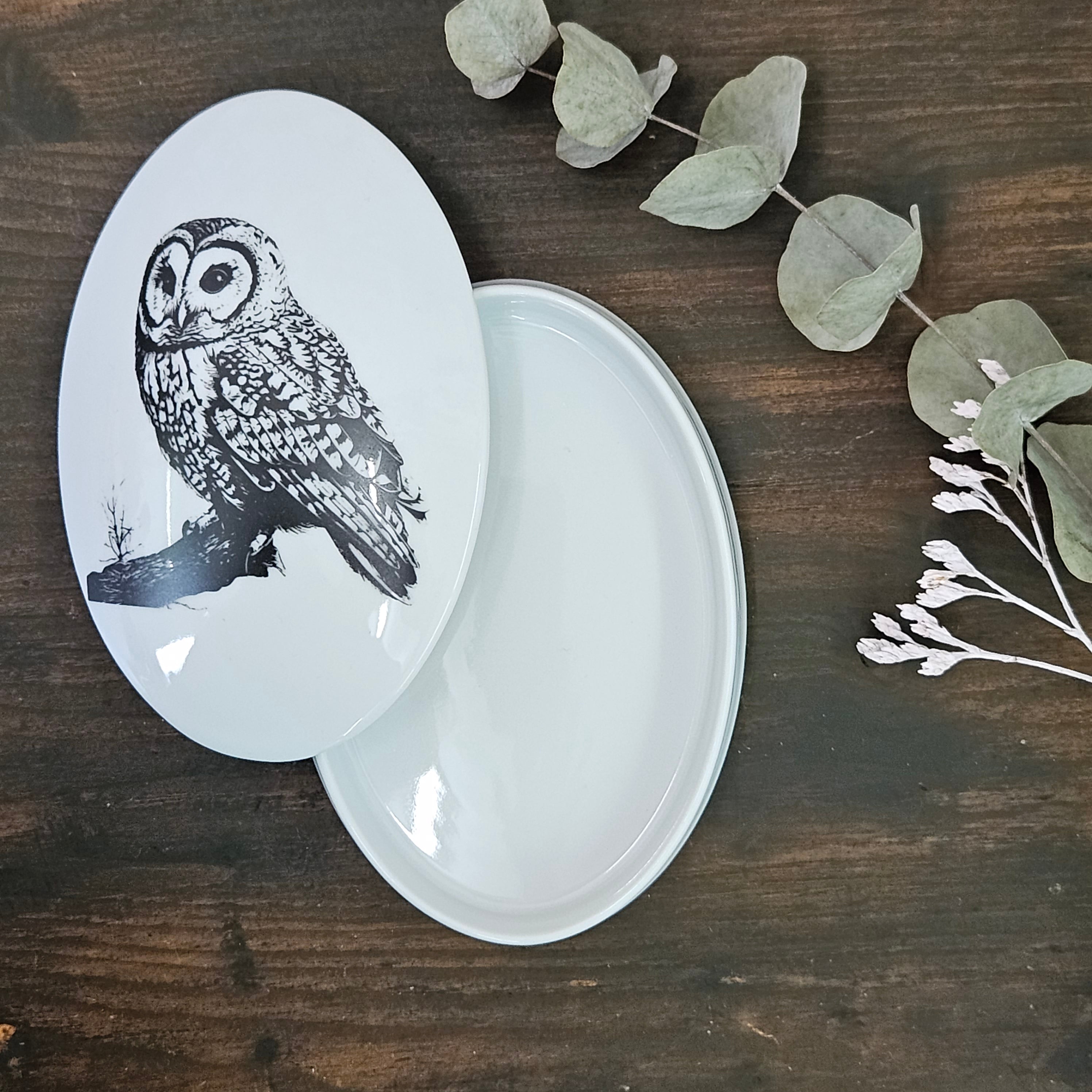 Owl on tree - Big oval porcelain box